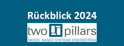 Rückblick 2024 Two Pillars - Schrift und Logo auf blauem Untergrund