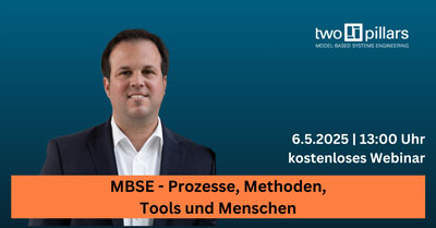 Webinarankündigung: MBSE Prozesse Methoden Tools Menschen mit Dr. Christian Tschirner, Text und Porträt vor blauem Hintergrund