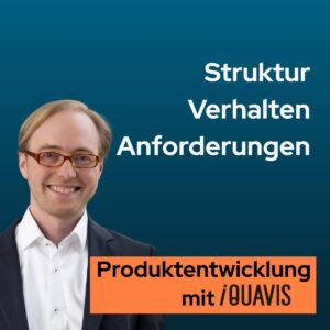 Produktentwicklung mit iQUAVIS: Struktur Verhalten Anforderungen - Infografik mit Christian Bremer und Text